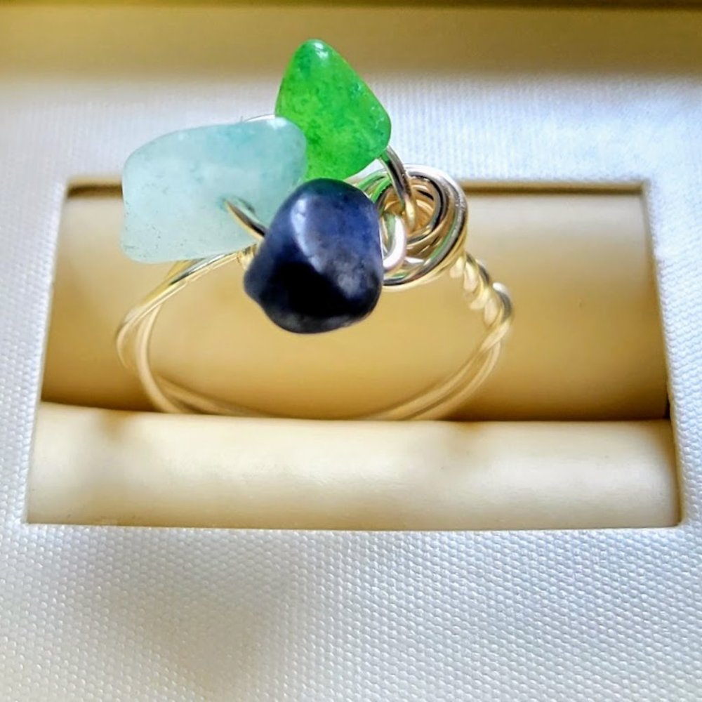 Artisanal Gemstone Crystal Silver Ring Customizable Amazonite, Green & Blue Aven
